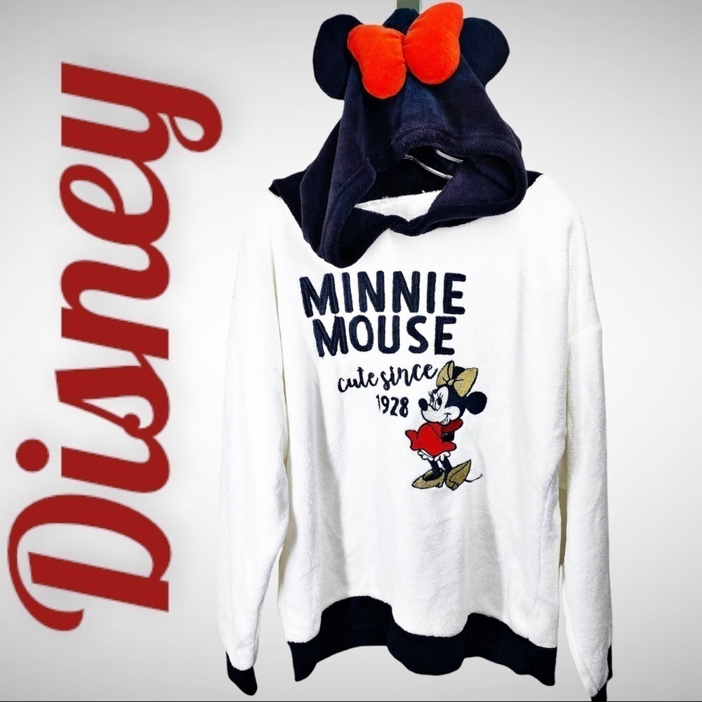 DISNEY Minnie Mouse White‎ Fleece Hoodie w/Bow & Ears, Size Medium (8-10)